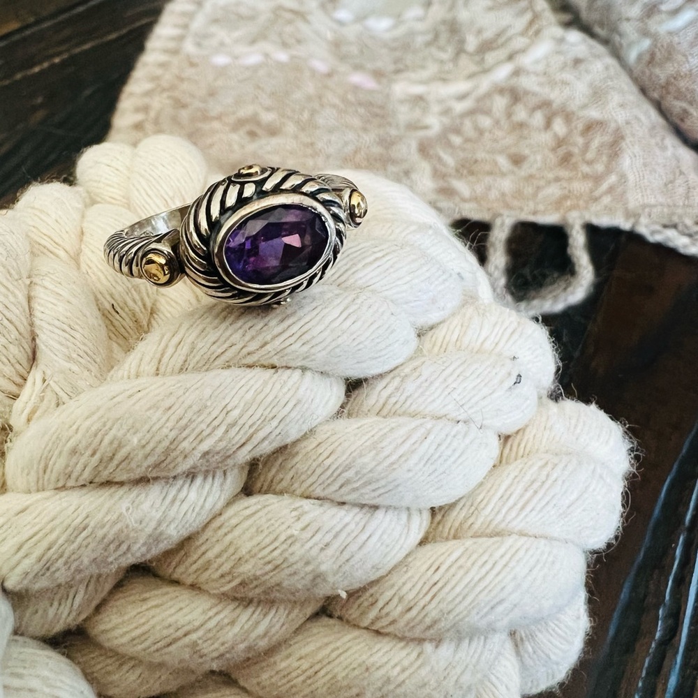 Elegant Silver and Gold Ring with Purple Gemstone and 14k gold